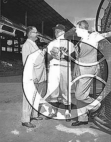 Mickey Mantle with Rawlings reps at Ebbets Field55N0219